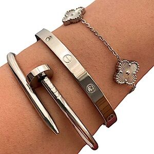 Platinum Screwdriver Love Nail Bangle Bracelet Set Four Leaf Clover Unisex
